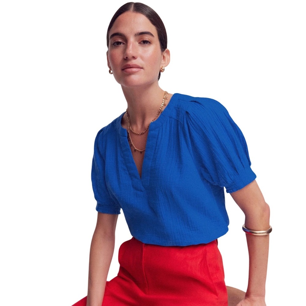 Boden Rae Double Cloth Top Bright Cobalt Blue Puff Sleeve Cotton Blouse US 10